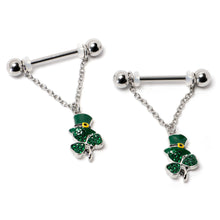 将图片加载到图库查看器，14G 9/16 Green Gem Top Hat Shamrock Chain Dangle Nipple Ring Set
