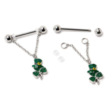将图片加载到图库查看器，14G 9/16 Green Gem Top Hat Shamrock Chain Dangle Nipple Ring Set
