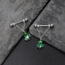 将图片加载到图库查看器，14G 9/16 Green Gem Top Hat Shamrock Chain Dangle Nipple Ring Set
