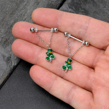 将图片加载到图库查看器，14G 9/16 Green Gem Top Hat Shamrock Chain Dangle Nipple Ring Set
