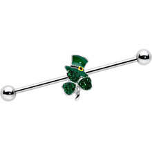 Load image into Gallery viewer, 14G Green Gem Top Hat Shamrock St Patricks Industrial Barbell 38mm
