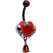 将图片加载到图库查看器，Red CZ Gem Black Double Skull Heart Dangle Belly Ring
