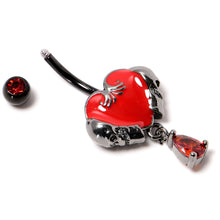 将图片加载到图库查看器，Red CZ Gem Black Double Skull Heart Dangle Belly Ring
