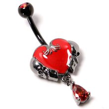 将图片加载到图库查看器，Red CZ Gem Black Double Skull Heart Dangle Belly Ring
