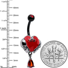 将图片加载到图库查看器，Red CZ Gem Black Double Skull Heart Dangle Belly Ring
