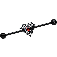 Load image into Gallery viewer, 14G Red Gem Black Spider Heart Web Industrial Barbell 38mm
