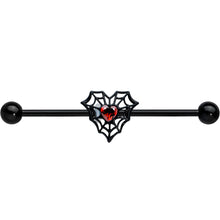 Load image into Gallery viewer, 14G Red Gem Black Spider Heart Web Industrial Barbell 38mm
