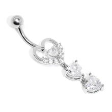 Load image into Gallery viewer, Clear CZ Gem Opulent Heart Quartet Dangle Belly Ring

