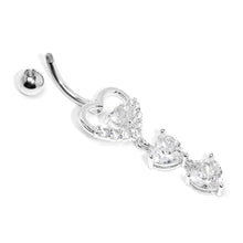 Load image into Gallery viewer, Clear CZ Gem Opulent Heart Quartet Dangle Belly Ring
