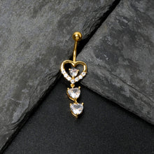 Load image into Gallery viewer, Clear CZ Gem Gold Tone Opulent Heart Quartet Dangle Belly Ring
