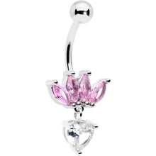 将图片加载到图库查看器，Clear Pink CZ Gem Crown And Heart Dangle Belly Ring
