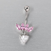 将图片加载到图库查看器，Clear Pink CZ Gem Crown And Heart Dangle Belly Ring
