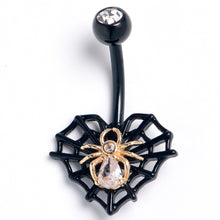 将图片加载到图库查看器，Clear Gem Black Golden Spider Web Heart Belly Ring
