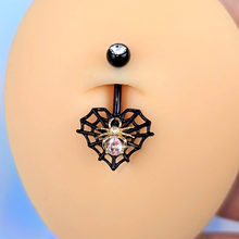 将图片加载到图库查看器，Clear Gem Black Golden Spider Web Heart Belly Ring
