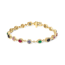 Load image into Gallery viewer, 14K Yellow Gold Multi-Gemstone  and Diamond Halo Rainbow Link Bracelet
