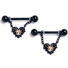 Load image into Gallery viewer, 14G 9/16 Clear Gem Black Golden Spider Web Dangle Nipple Ring Set

