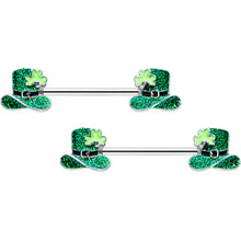 Load image into Gallery viewer, 14G 9/16 Glitter Top Hat Shamrock Barbell Nipple Ring Set
