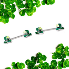 Load image into Gallery viewer, 14G 9/16 Glitter Top Hat Shamrock Barbell Nipple Ring Set
