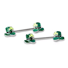 Load image into Gallery viewer, 14G 9/16 Glitter Top Hat Shamrock Barbell Nipple Ring Set
