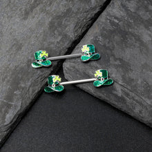 Load image into Gallery viewer, 14G 9/16 Glitter Top Hat Shamrock Barbell Nipple Ring Set
