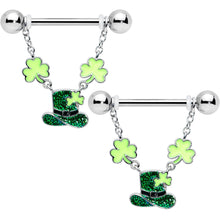 Load image into Gallery viewer, 14G 9/16 Glitter Top Hat Shamrock Chain Dangle Nipple Ring Set
