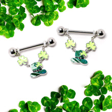 Load image into Gallery viewer, 14G 9/16 Glitter Top Hat Shamrock Chain Dangle Nipple Ring Set
