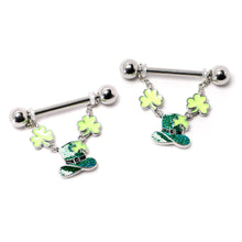 Load image into Gallery viewer, 14G 9/16 Glitter Top Hat Shamrock Chain Dangle Nipple Ring Set
