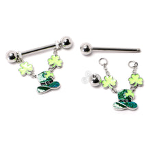Load image into Gallery viewer, 14G 9/16 Glitter Top Hat Shamrock Chain Dangle Nipple Ring Set
