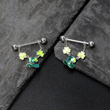 Load image into Gallery viewer, 14G 9/16 Glitter Top Hat Shamrock Chain Dangle Nipple Ring Set
