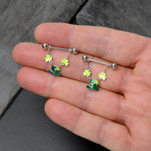 Load image into Gallery viewer, 14G 9/16 Glitter Top Hat Shamrock Chain Dangle Nipple Ring Set
