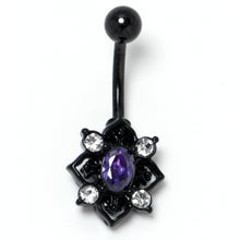 将图片加载到图库查看器，Purple Clear Gem Black Scrolling Hearts Belly Ring
