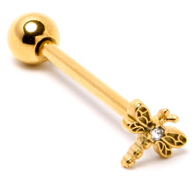 Load image into Gallery viewer, Clear Gem Gold Tone Flying Dragonfly Barbell Tongue Ring
