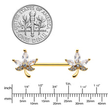 Load image into Gallery viewer, 14G 3/4 Clear CZ Gem Gold Tone Pot Leaf Barbell Nipple Ring Set

