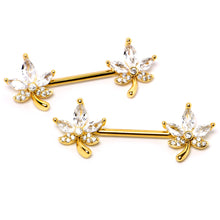 Load image into Gallery viewer, 14G 3/4 Clear CZ Gem Gold Tone Pot Leaf Barbell Nipple Ring Set
