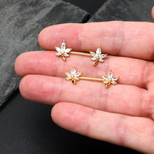 Load image into Gallery viewer, 14G 3/4 Clear CZ Gem Gold Tone Pot Leaf Barbell Nipple Ring Set
