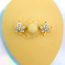 Load image into Gallery viewer, 14G 3/4 Clear CZ Gem Gold Tone Pot Leaf Barbell Nipple Ring Set
