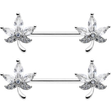Load image into Gallery viewer, 14G 3/4 Clear CZ Gem Pot Leaf Barbell Nipple Ring Set
