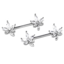 Load image into Gallery viewer, 14G 3/4 Clear CZ Gem Pot Leaf Barbell Nipple Ring Set
