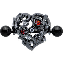 Load image into Gallery viewer, 14G 9/16 Red Clear CZ Gem Black Floral Heart Nipple Shield Set
