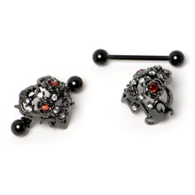 Load image into Gallery viewer, 14G 9/16 Red Clear CZ Gem Black Floral Heart Nipple Shield Set
