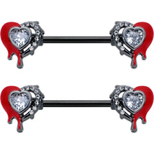 Load image into Gallery viewer, 14G 9/16 Clear Gem Black Bleeding Heart Barbell Nipple Ring Set
