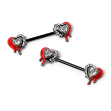 Load image into Gallery viewer, 14G 9/16 Clear Gem Black Bleeding Heart Barbell Nipple Ring Set
