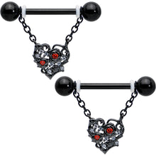 Load image into Gallery viewer, 14G 9/16 Red CZ Gem Black Floral Heart Chain Dangle Nipple Ring Set
