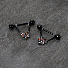 Load image into Gallery viewer, 14G 9/16 Red CZ Gem Black Floral Heart Chain Dangle Nipple Ring Set

