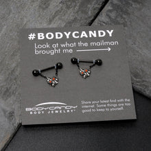 Load image into Gallery viewer, 14G 9/16 Red CZ Gem Black Floral Heart Chain Dangle Nipple Ring Set
