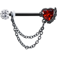 Load image into Gallery viewer, 14G 9/16 Red CZ Gem Black Heart Hand Chain Dangle Nipple Ring Set
