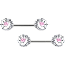 将图片加载到图库查看器，14G 9/16 Pink CZ Gem Heart Web Moon Barbell Nipple Ring Set

