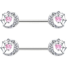 将图片加载到图库查看器，14G 9/16 Pink CZ Gem Heart Web Moon Barbell Nipple Ring Set
