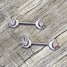 将图片加载到图库查看器，14G 9/16 Pink CZ Gem Heart Web Moon Barbell Nipple Ring Set
