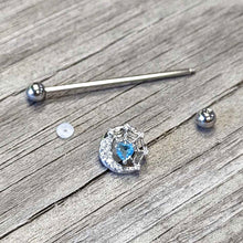 Load image into Gallery viewer, 14G Blue CZ Gem Heart Web Moon Industrial Barbell 38mm
